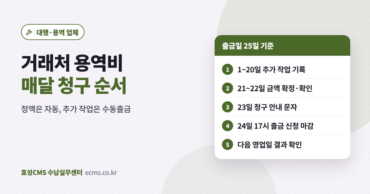 방역·청소 용역비 효성CMS 출금일 25일 기준 거래처별 월 청구 일정